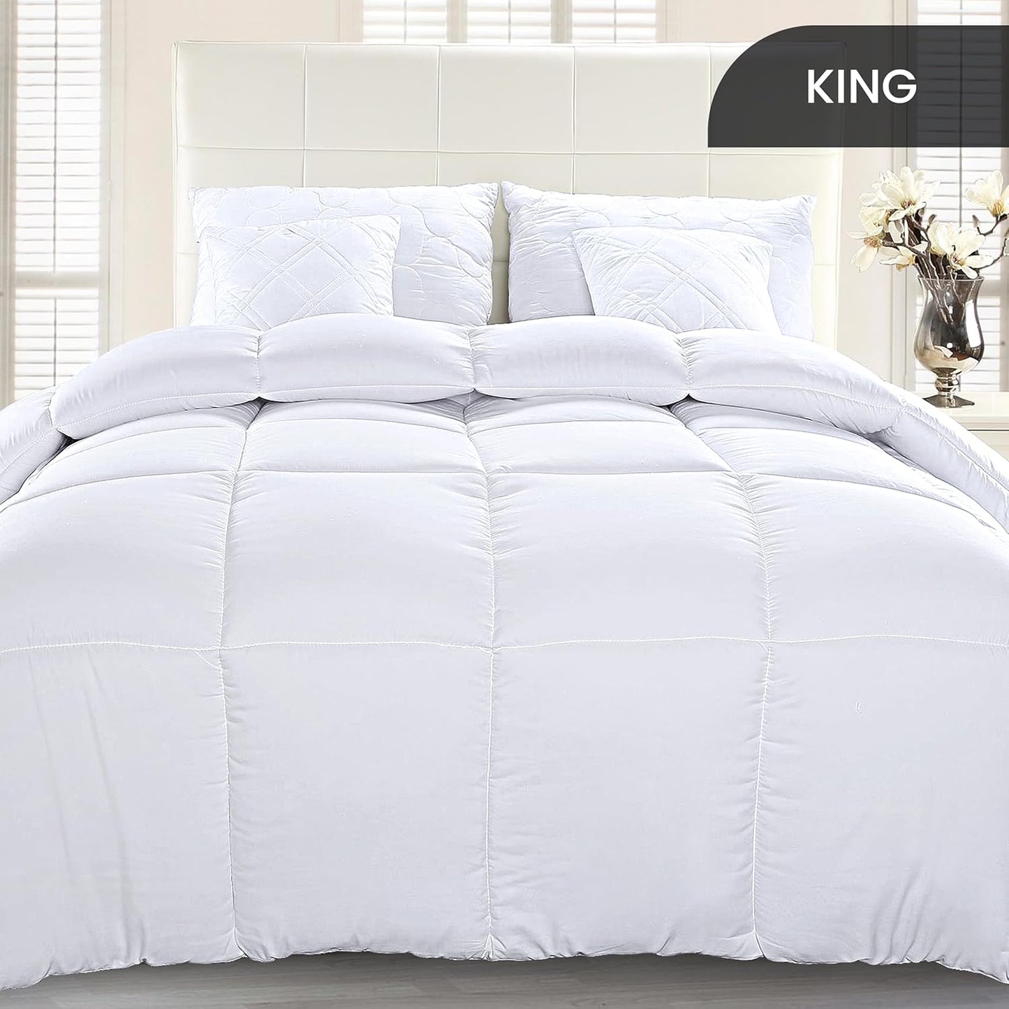 Comforter Duvet Insert, Quilted Comforter with Corner Tabs, Box Stitched down Alternative Comforters King Size (White)