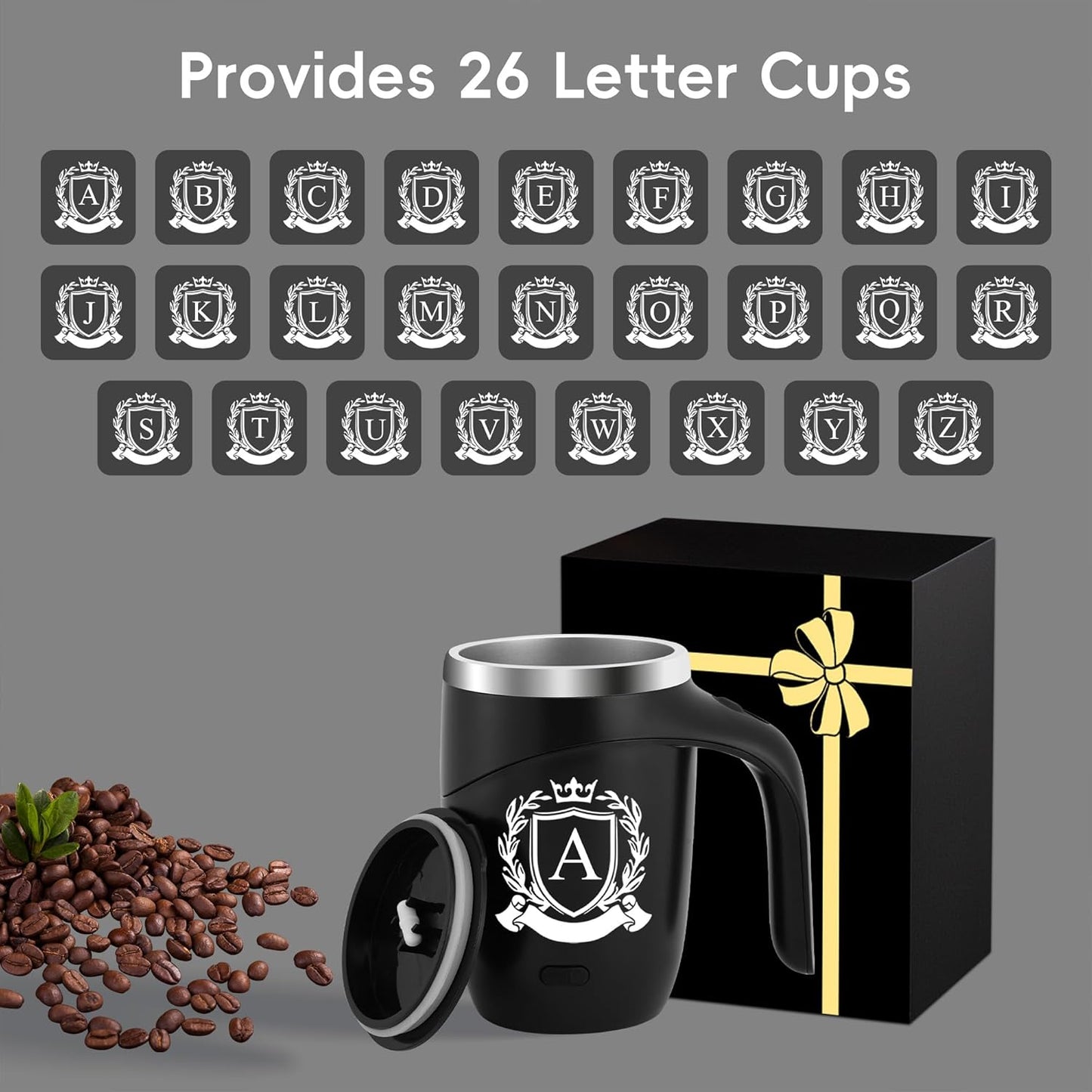 Initial Magnetic Stirring Coffee Mug with Lid Handle Automatic Self Electric Mixing Insulated Stainless Steel Spill Leak Proof Heavy Large Reusable Thermal Travel Tea Cup Camping Big Water Tumbler,A