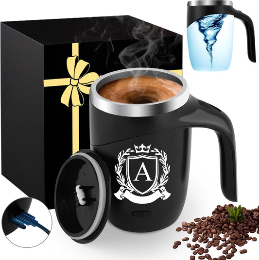 Initial Magnetic Stirring Coffee Mug with Lid Handle Automatic Self Electric Mixing Insulated Stainless Steel Spill Leak Proof Heavy Large Reusable Thermal Travel Tea Cup Camping Big Water Tumbler,A