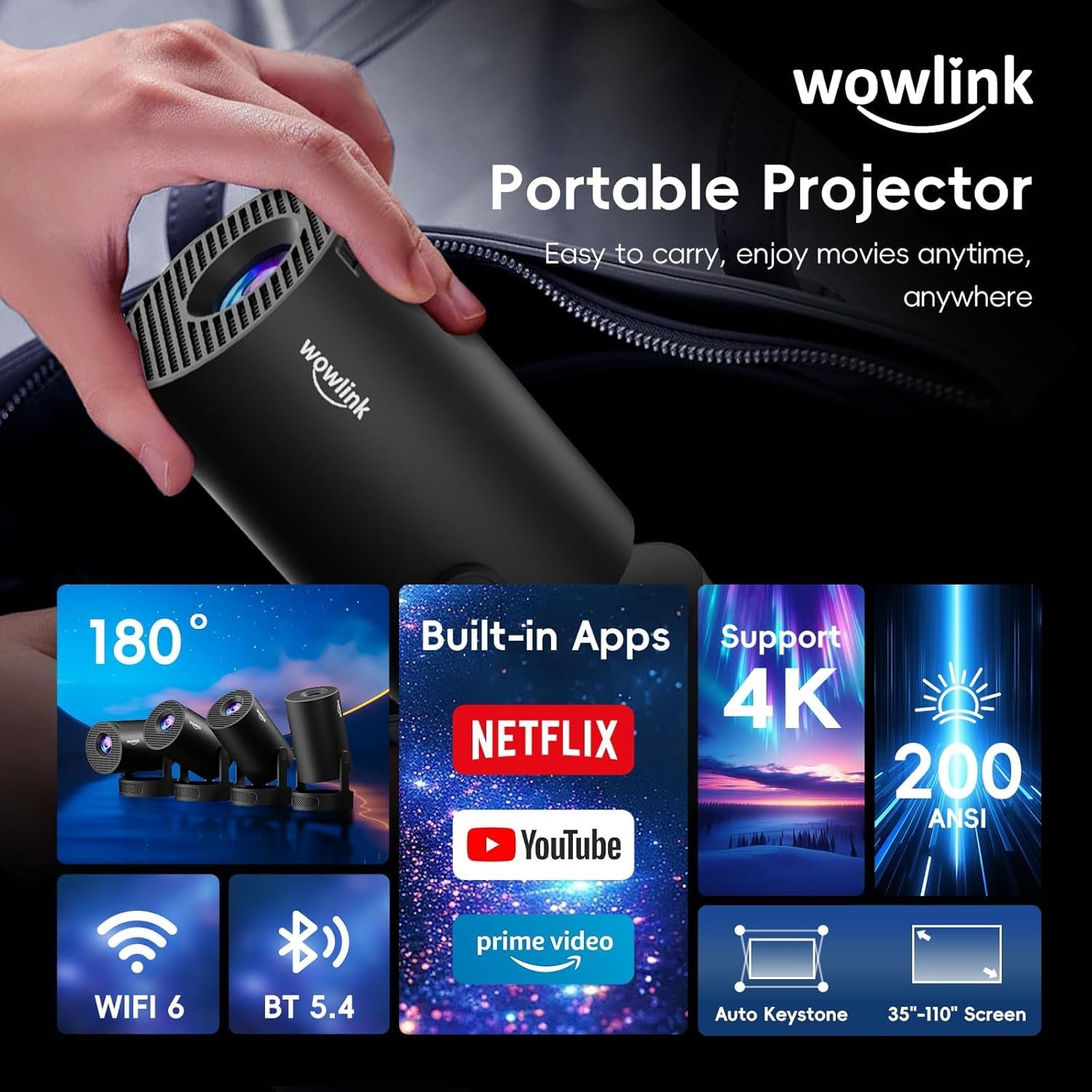 [Built-In Apps & 2025 Upgraded] Mini Projector with Wifi 6 and Bluetooth 5.4 Support 4K 1080P Auto Keystone 180° Rotatable Projector Portable Compatibile with HDMI/TV Stick/Memory Stick/Laptop, Black