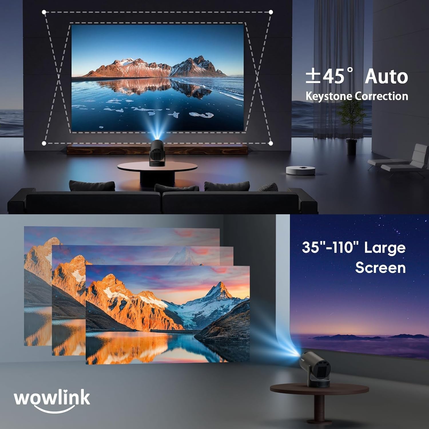 [Built-In Apps & 2025 Upgraded] Mini Projector with Wifi 6 and Bluetooth 5.4 Support 4K 1080P Auto Keystone 180° Rotatable Projector Portable Compatibile with HDMI/TV Stick/Memory Stick/Laptop, Black