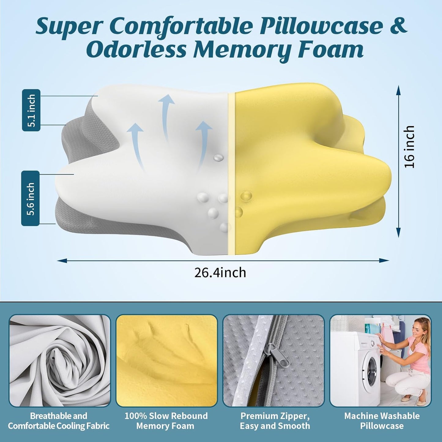 Cervical Neck Pillow - Cooling Pillow for Neck Pain Relief, Ergonomic Side Sleeper Pillow for Sleeping, Contour Orthopedic Memory Foam Pillows for Back & Stomach Sleepers with Pillowcase