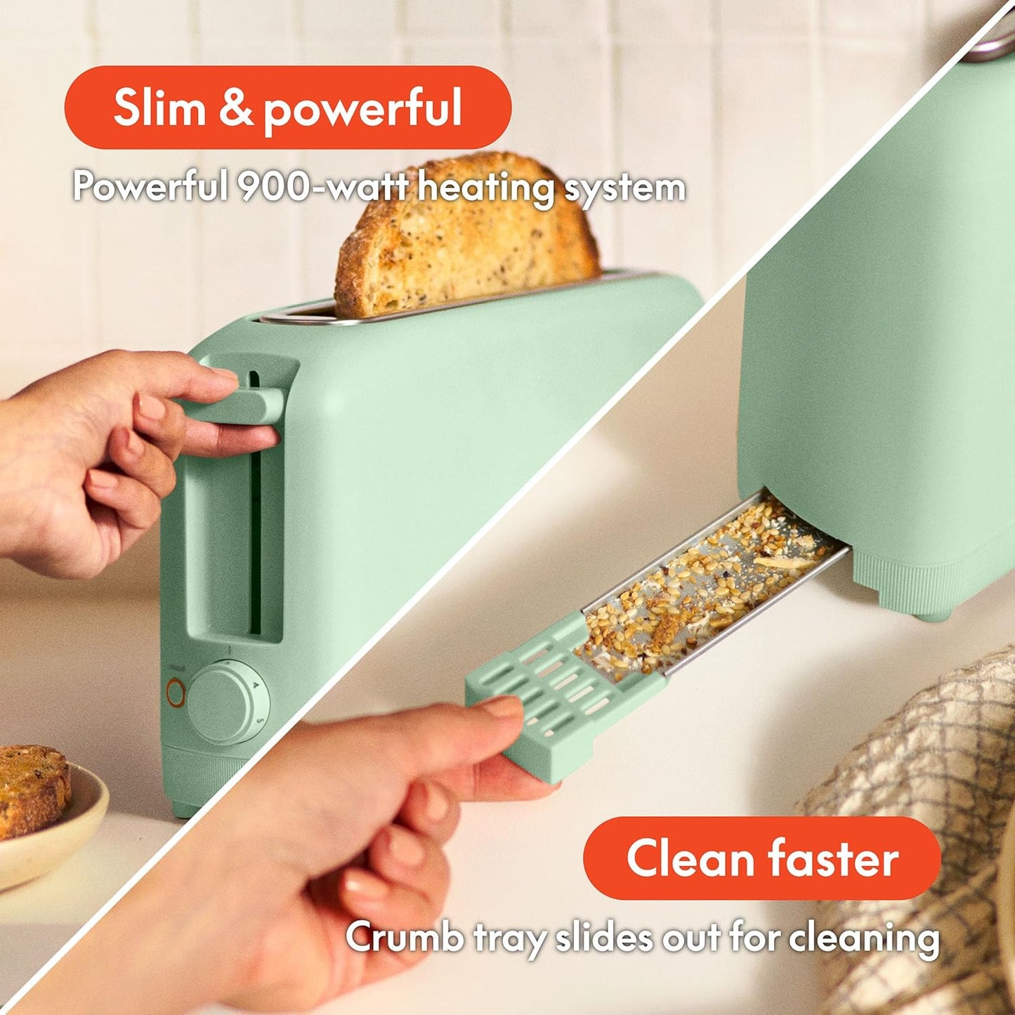 2 Slice Slim Toaster, Fits-Anywhere™ Kitchenware, 6 Setting Shade Control with Reheat & Cancel Buttons, Fits Sourdough, 10” Long Slot, anti Jam & Auto Shutoff, 900 Watt, Seaglass