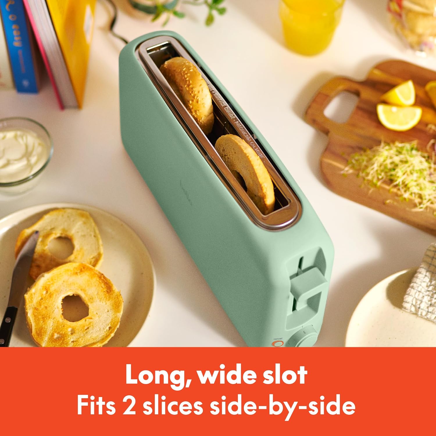 2 Slice Slim Toaster, Fits-Anywhere™ Kitchenware, 6 Setting Shade Control with Reheat & Cancel Buttons, Fits Sourdough, 10” Long Slot, anti Jam & Auto Shutoff, 900 Watt, Seaglass