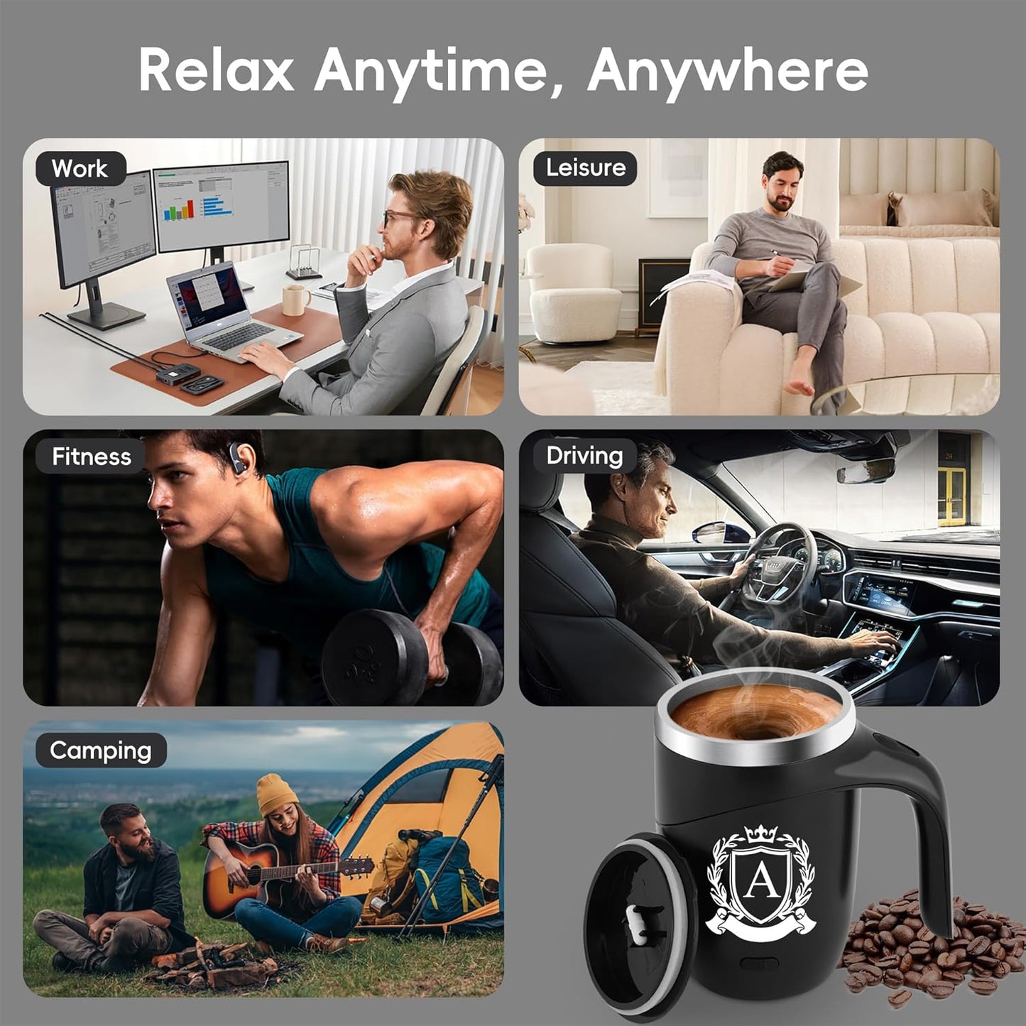 Initial Magnetic Stirring Coffee Mug with Lid Handle Automatic Self Electric Mixing Insulated Stainless Steel Spill Leak Proof Heavy Large Reusable Thermal Travel Tea Cup Camping Big Water Tumbler,A