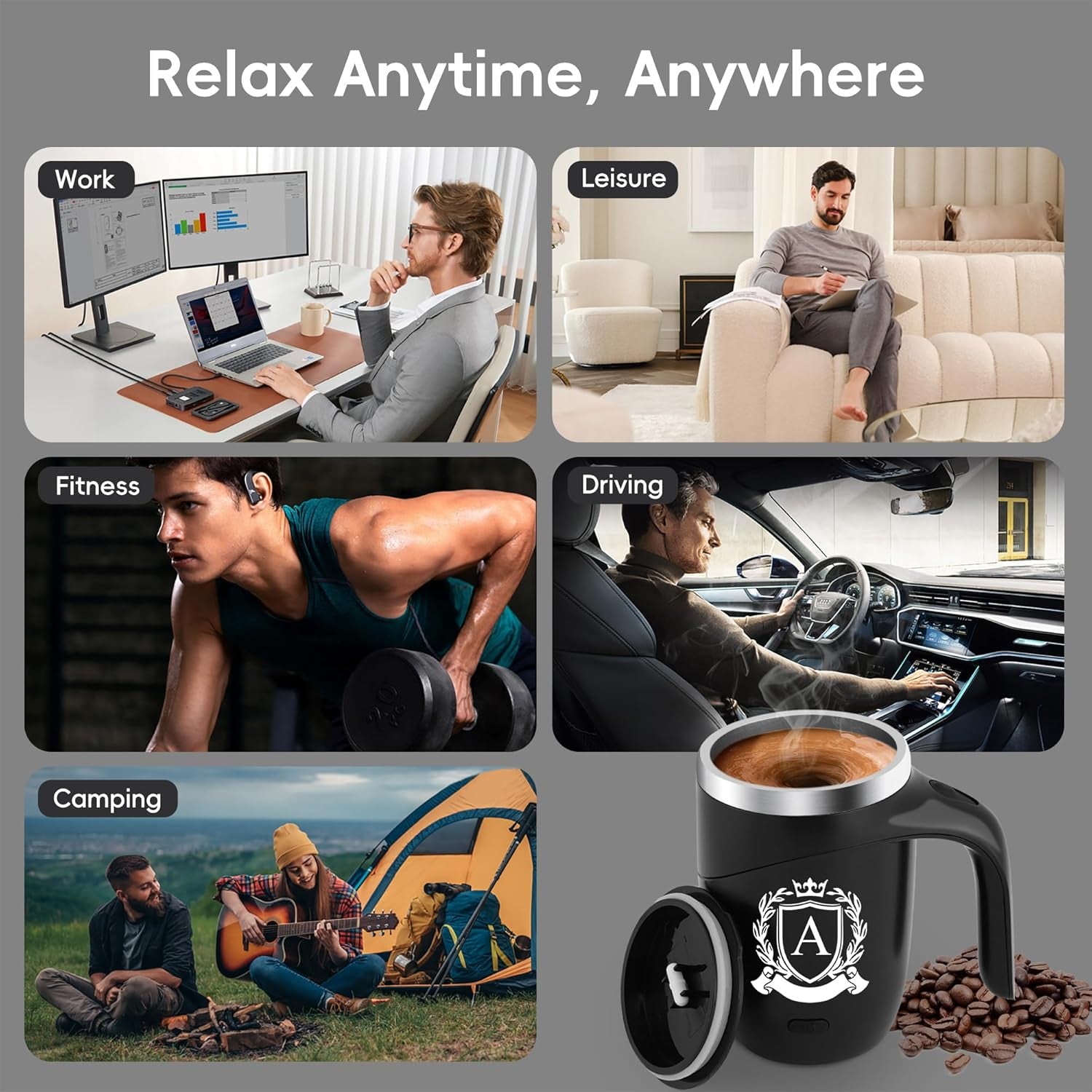 Initial Magnetic Stirring Coffee Mug with Lid Handle Automatic Self Electric Mixing Insulated Stainless Steel Spill Leak Proof Heavy Large Reusable Thermal Travel Tea Cup Camping Big Water Tumbler,A