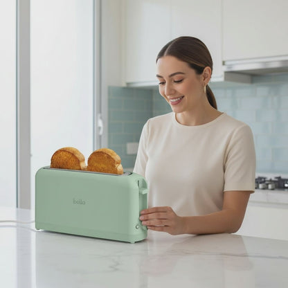 2 Slice Slim Toaster, Fits-Anywhere™ Kitchenware, 6 Setting Shade Control with Reheat & Cancel Buttons, Fits Sourdough, 10” Long Slot, anti Jam & Auto Shutoff, 900 Watt, Seaglass